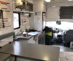 The inside of the fully equipped mobile veterinary practice